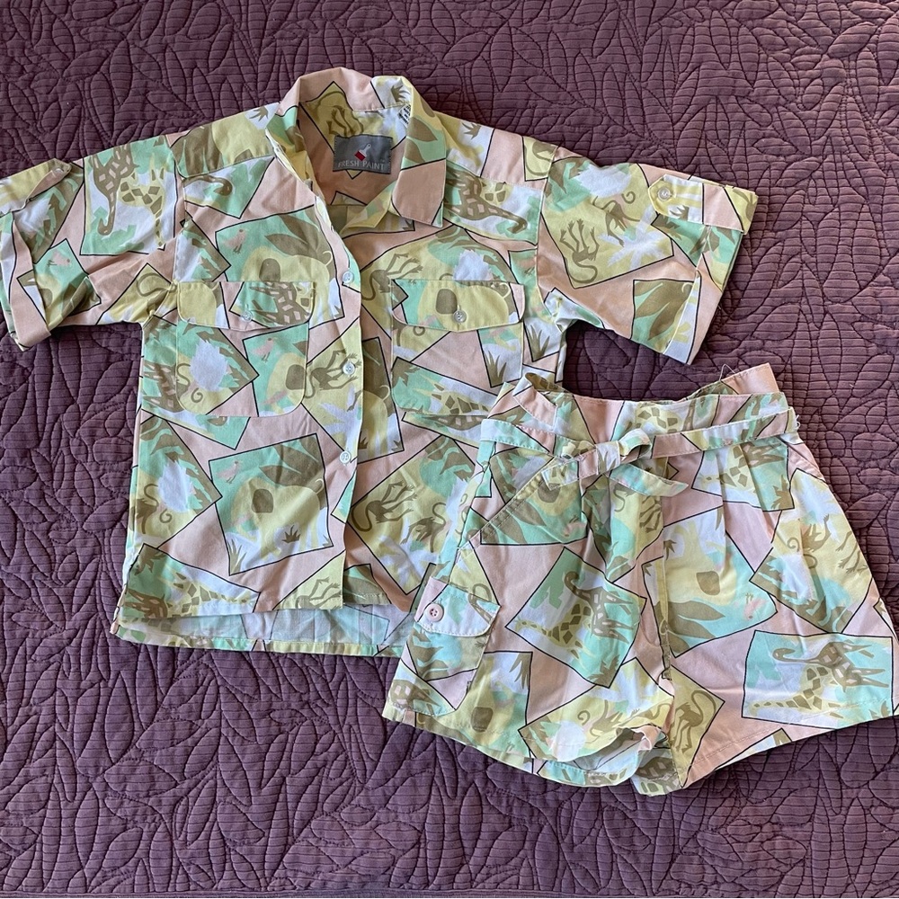 Vintage two piece polo and slacks pastel safari motif